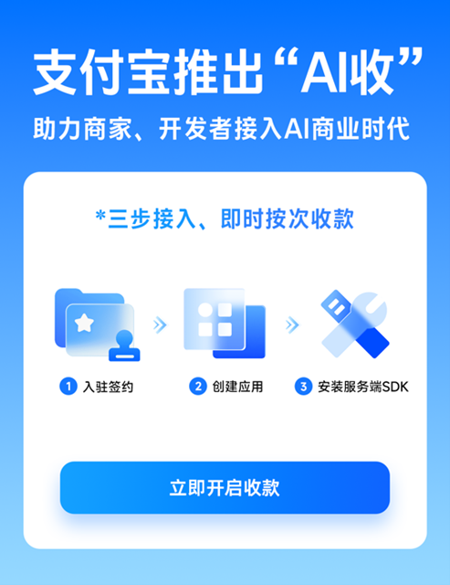 AI收 three-step onboarding: register → create app → install SDK